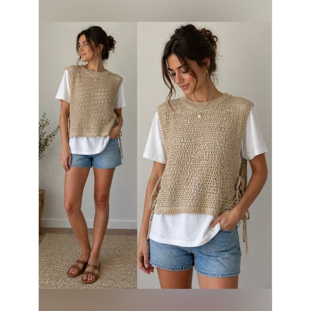 Zara Beige Crochet Knit Vest with Side Ties Layered Over White Tee Casual Boho S